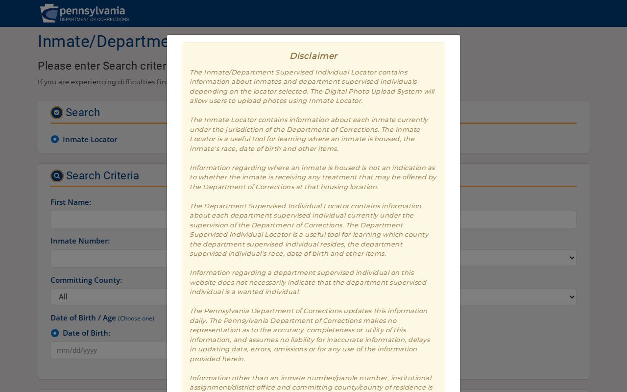 Pennsylvania DOC inmate and parolee locator search fields