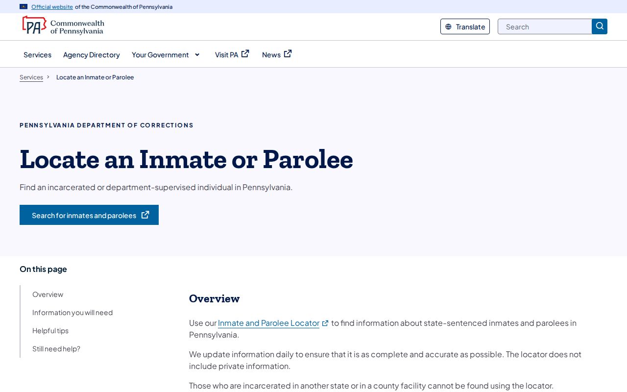 Pennsylvania inmate and parolee locator scope and search guidance