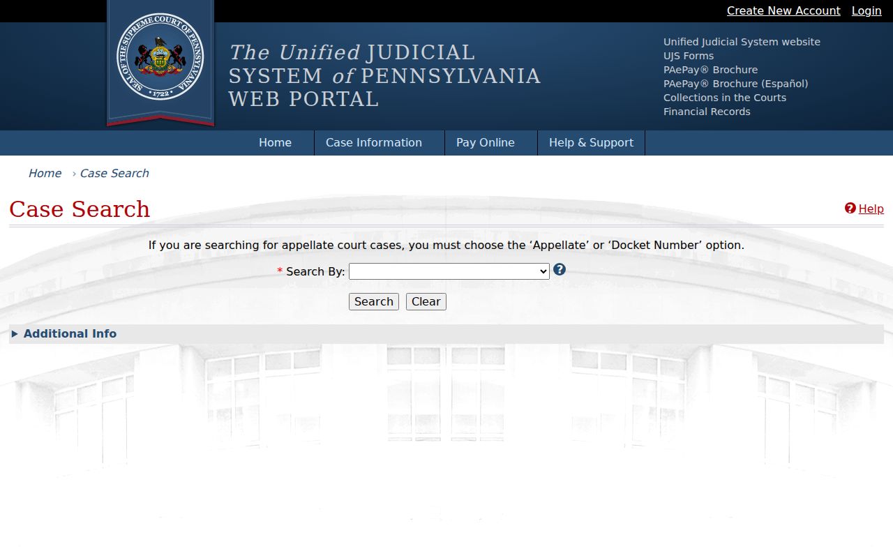 Pennsylvania UJS public case search used for Bedford County criminal dockets