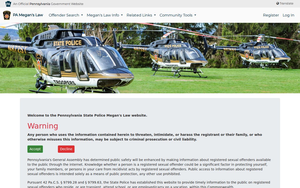 Pennsylvania State Police Megan's Law Public Website search entry