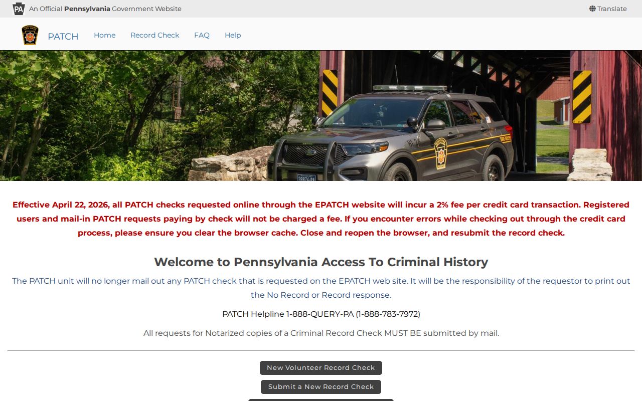Bedford County criminal history PATCH transaction search